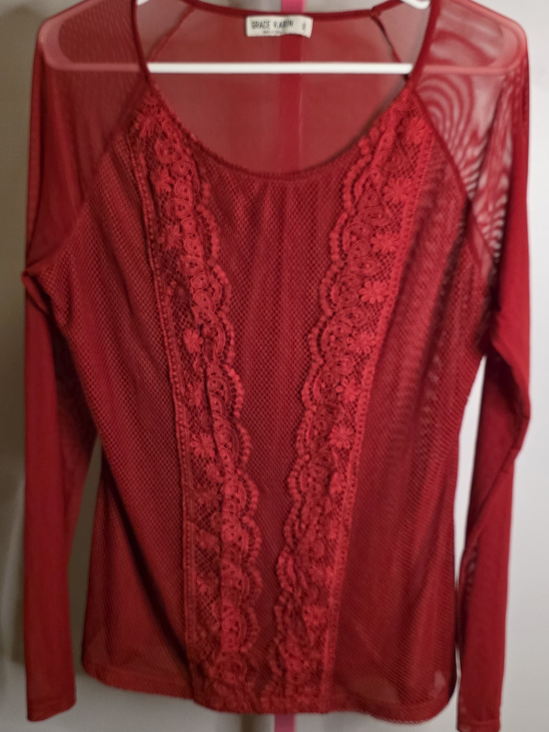Grace Karin Red Sheer Lace Panel Long Sleeve Top Sz 2x